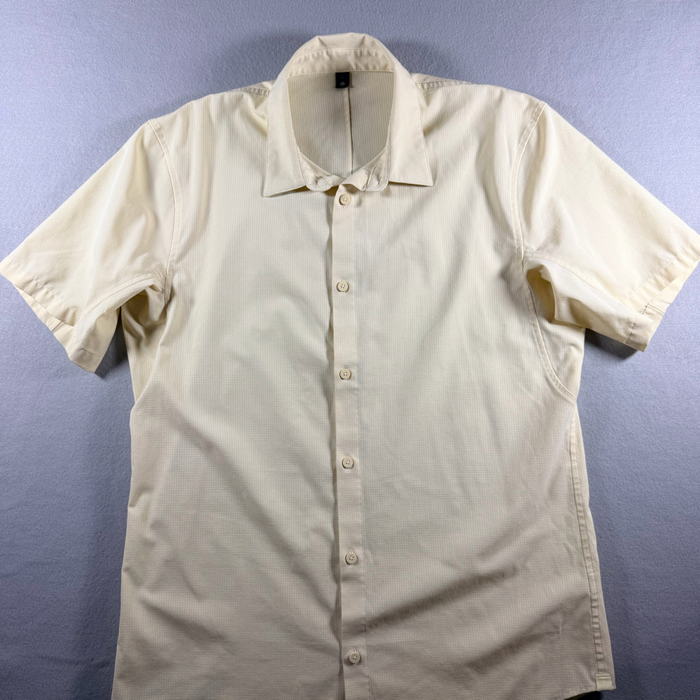 Lululemon  Button Up Shirt Large Cream Short Sleeve Grid Texture